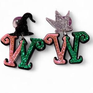 Wicked Elphaba Glinda Glittery Pink Green “W” Witches Hat Tiara Earrings